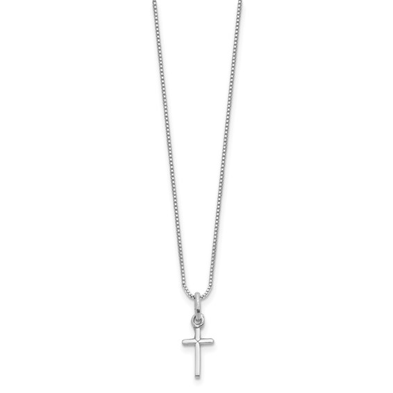 Sterling Silver Rhodium-plated Polished Cross 14 inch Necklace with Pink Gift Pouch