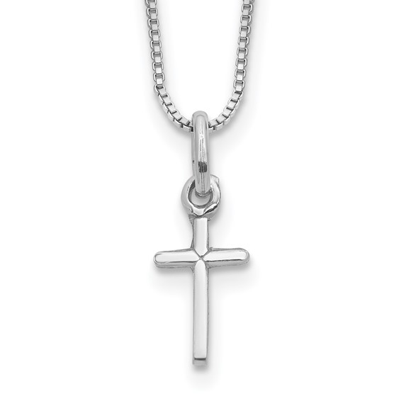 Sterling Silver Rhodium-plated Polished Cross 14 inch Necklace with Pink Gift Pouch