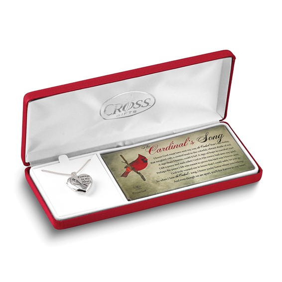 Silver-plated Metal Cardinals Song FOREVER IN MY HEART Locket 18 inch Necklace with Poem