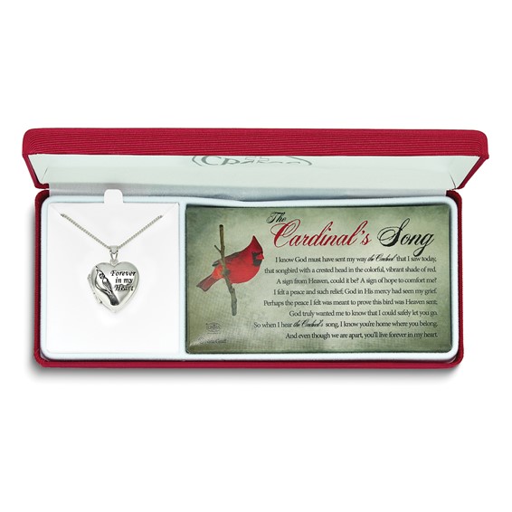 Silver-plated Metal Cardinals Song FOREVER IN MY HEART Locket 18 inch Necklace with Poem