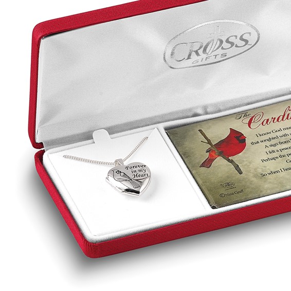 Silver-plated Metal Cardinals Song FOREVER IN MY HEART Locket 18 inch Necklace with Poem