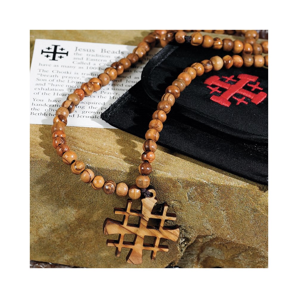 Olive Wood Jesus Beads In Muslin Pouch with History Card