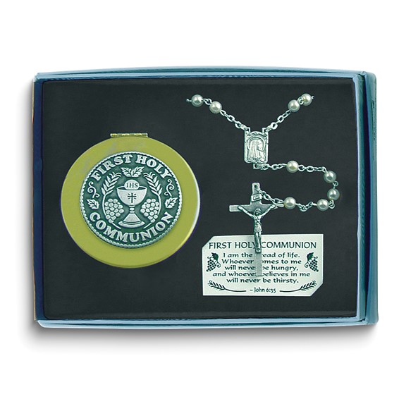 White Crystal First Holy Communion Rosary and Keepsake Box Gift Set