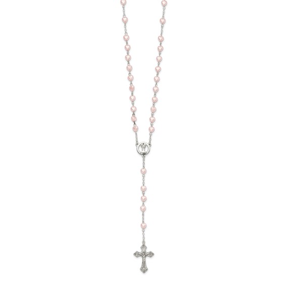 Silver-tone Pink Glass Heart Bead Communion Boxed Rosary