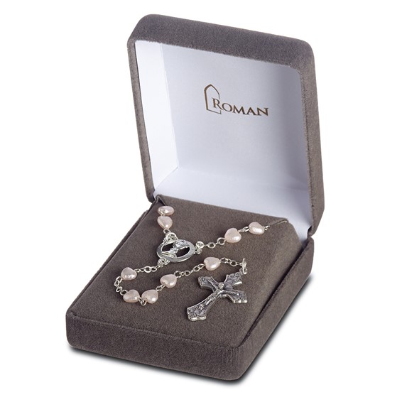 Silver-tone Pink Glass Heart Bead Communion Boxed Rosary