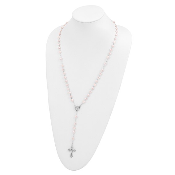 Silver-tone Pink Glass Heart Bead Communion Boxed Rosary