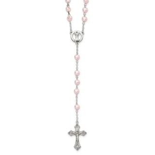Silver-tone Pink Glass Heart Bead Communion Boxed Rosary