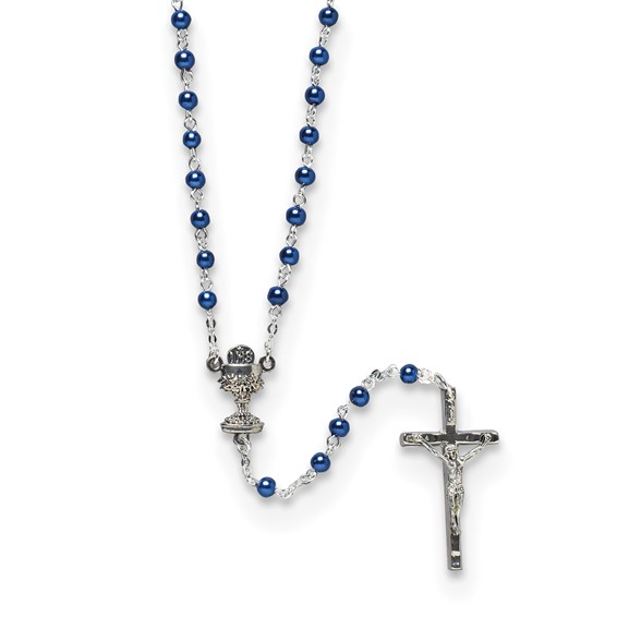 Silver-tone Blue Glass Bead Communion Boxed Rosary