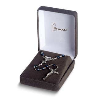 Silver-tone Blue Glass Bead Communion Boxed Rosary