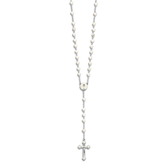 Silver-tone Heart White Glass Enameled First Communion 16 inch Boxed Rosary