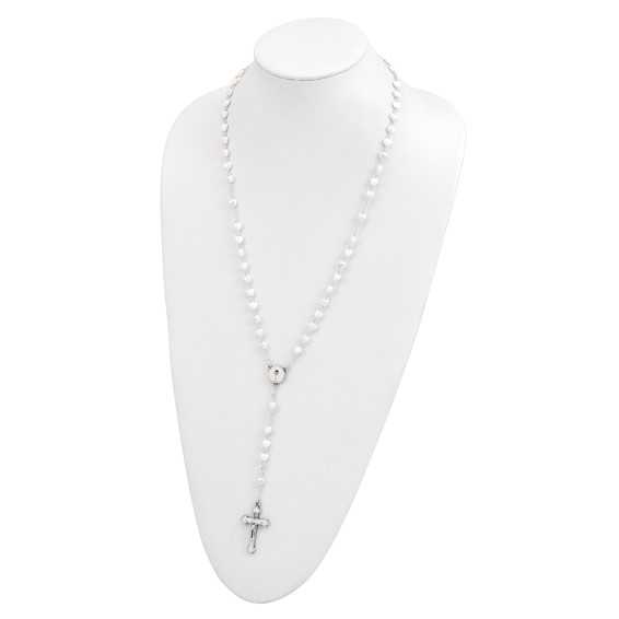 Silver-tone Heart White Glass Enameled First Communion 16 inch Boxed Rosary