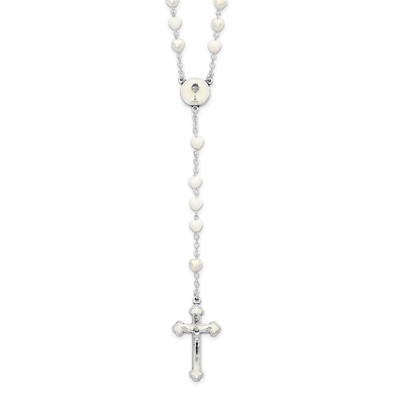 Silver-tone Heart White Glass Enameled First Communion 16 inch Boxed Rosary