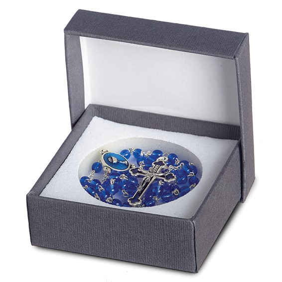 Silver-tone Blue Glass Enameled First Communion 16 inch Boxed Rosary