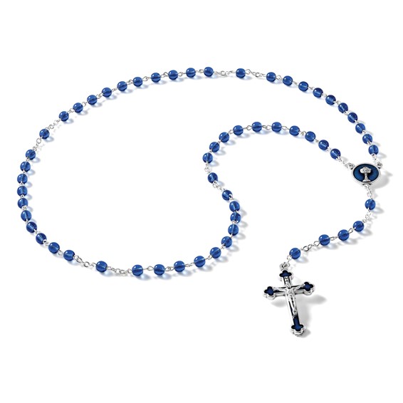 Silver-tone Blue Glass Enameled First Communion 16 inch Boxed Rosary