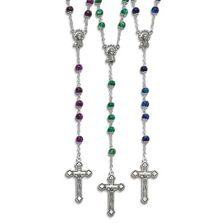 "Set of 3 Silver-tone Green, Blue, and Pink Marbled Bead Rosary Set"