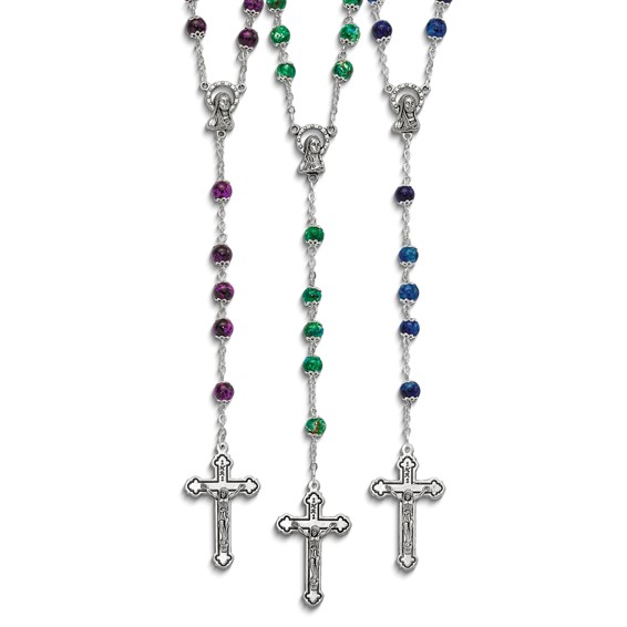 "Set of 3 Silver-tone Green, Blue, and Pink Marbled Bead Rosary Set"