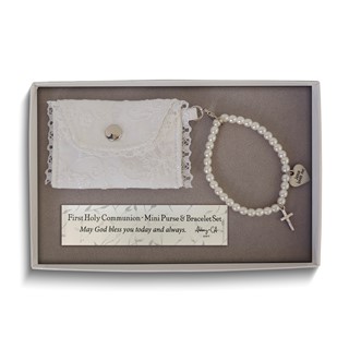 First Communion Mini Purse and Pearl Bracelet Set