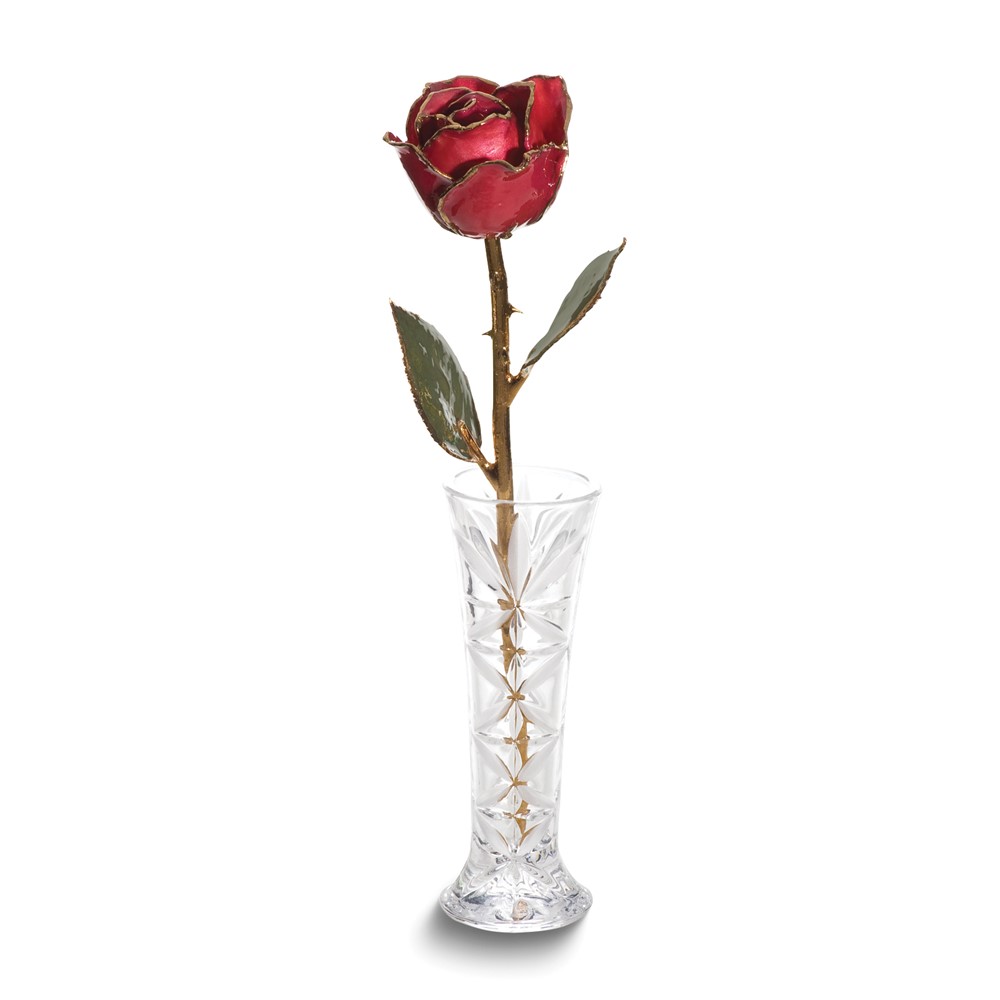 Lacquer Dipped 24K Gold Trimmed Red Real Rose and Small Bud Vase Set
