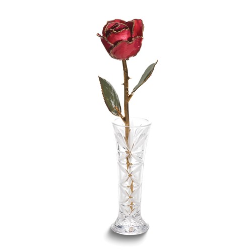 Lacquer Dipped 24K Gold Trimmed Red Real Rose and Small Bud Vase Set
