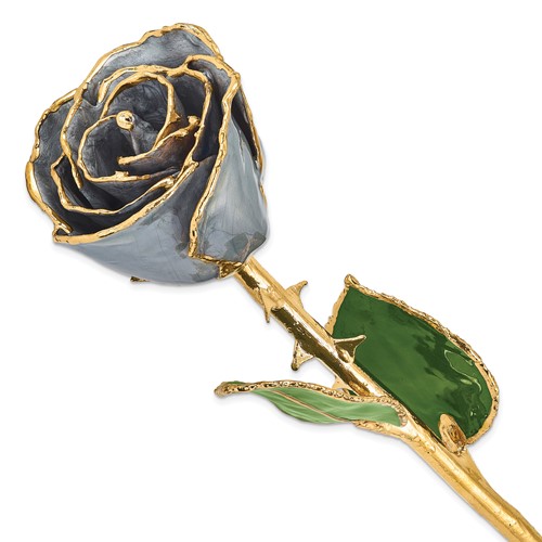 Lacquer Dipped Gold Trimmed Silver Moon Stone Real Rose