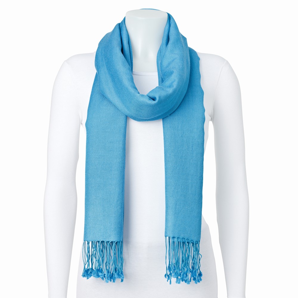 Medium Blue Silk Wool Blend Pashmina Scarf