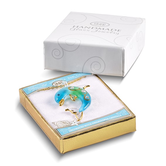 Glass Baron 22K Gilding Accent Gold-trim Turquoise Glass with Crystal from Swarovski Accent Dolphin 18 inch Gold-tone Necklace