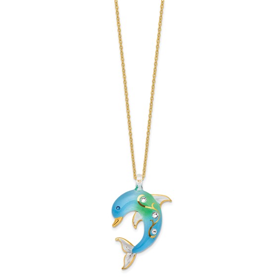 Glass Baron 22K Gilding Accent Gold-trim Turquoise Glass with Crystal from Swarovski Accent Dolphin 18 inch Gold-tone Necklace