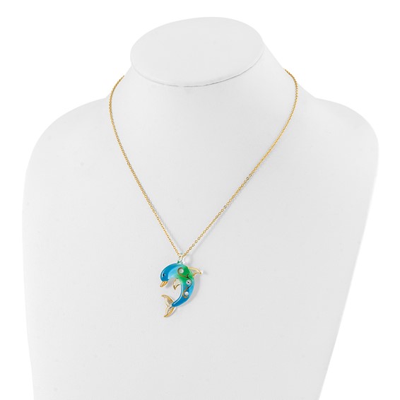 Glass Baron 22K Gilding Accent Gold-trim Turquoise Glass with Crystal from Swarovski Accent Dolphin 18 inch Gold-tone Necklace