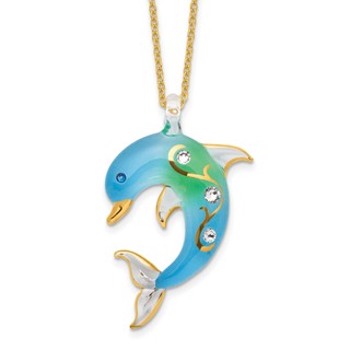 Glass Baron 22K Gilding Accent Gold-trim Turquoise Glass with Crystal from Swarovski Accent Dolphin 18 inch Gold-tone Necklace