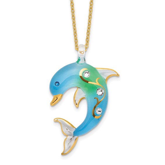 Glass Baron 22K Gilding Accent Gold-trim Turquoise Glass with Crystal from Swarovski Accent Dolphin 18 inch Gold-tone Necklace