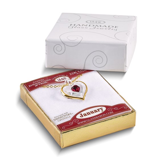 Glass Baron 22K Accent Gilding Gold-trim Glass with Red January Birthstone Crystal Heart 18 inch Gold-tone Necklace