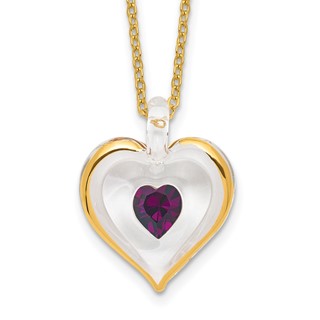 Glass Baron 22K Accent Gilding Gold-trim Glass with Purple February Birthstone Crystal Heart 18 inch Gold-tone Necklace