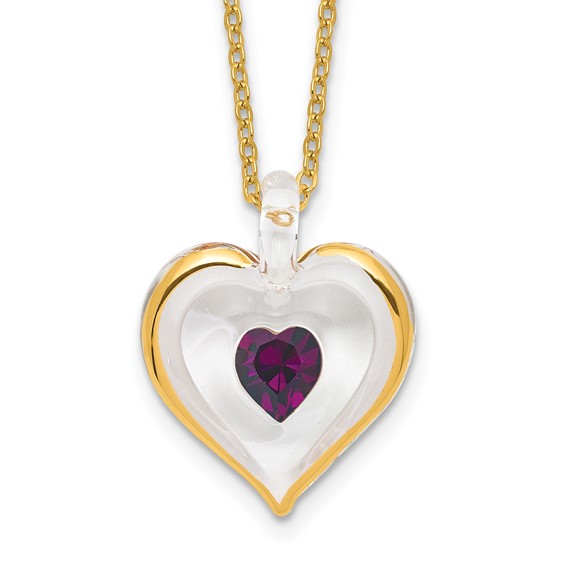 Glass Baron 22K Accent Gilding Gold-trim Glass with Purple February Birthstone Crystal Heart 18 inch Gold-tone Necklace