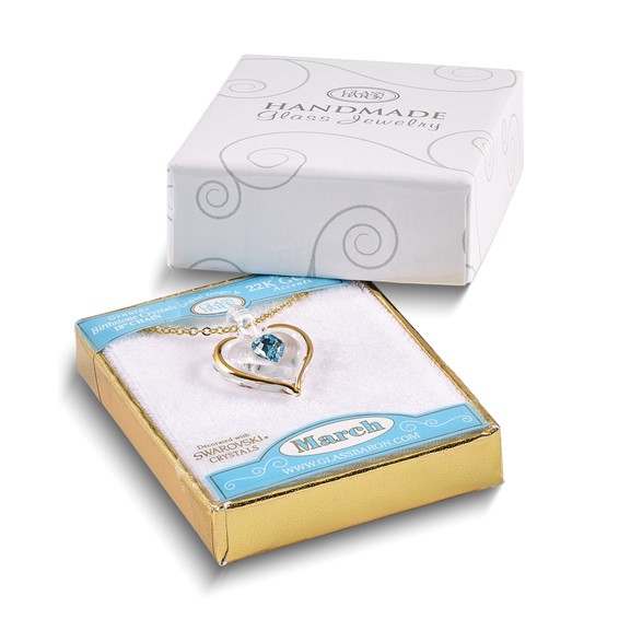 Glass Baron 22K Accent Gilding Gold-trim Glass with Blue March Birthstone Crystal Heart 18 inch Gold-tone Necklace