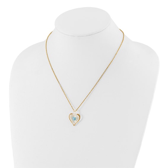 Glass Baron 22K Accent Gilding Gold-trim Glass with Blue March Birthstone Crystal Heart 18 inch Gold-tone Necklace