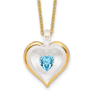 Glass Baron 22K Accent Gilding Gold-trim Glass with Blue March Birthstone Crystal Heart 18 inch Gold-tone Necklace