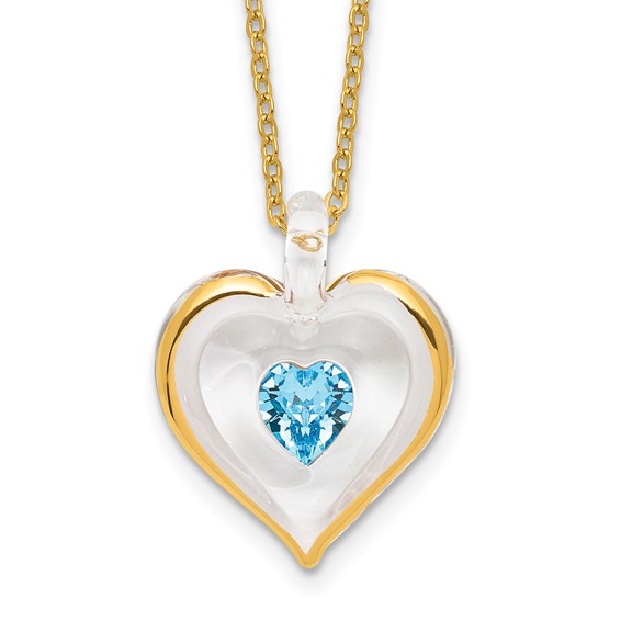 Glass Baron 22K Accent Gilding Gold-trim Glass with Blue March Birthstone Crystal Heart 18 inch Gold-tone Necklace