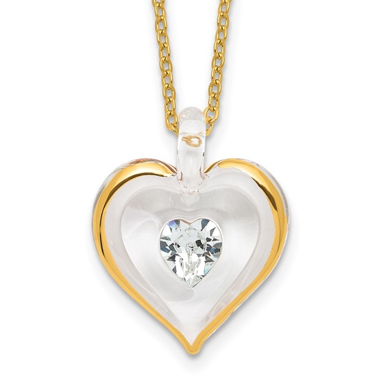 Glass Baron 22K Accent Gilding Gold-trim Glass with Clear April Birthstone Crystal Heart 18 inch Gold-tone Necklace