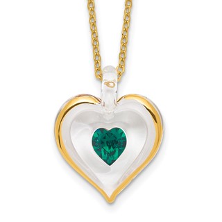 Glass Baron 22K Accent Gilding Gold-trim Glass with Green May Birthstone Crystal Heart 18 inch Gold-tone Necklace