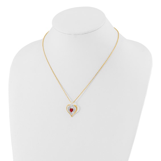 Glass Baron 22K Accent Gilding Gold-trim Glass with Red July Birthstone Crystal Heart 18 inch Gold-tone Necklace