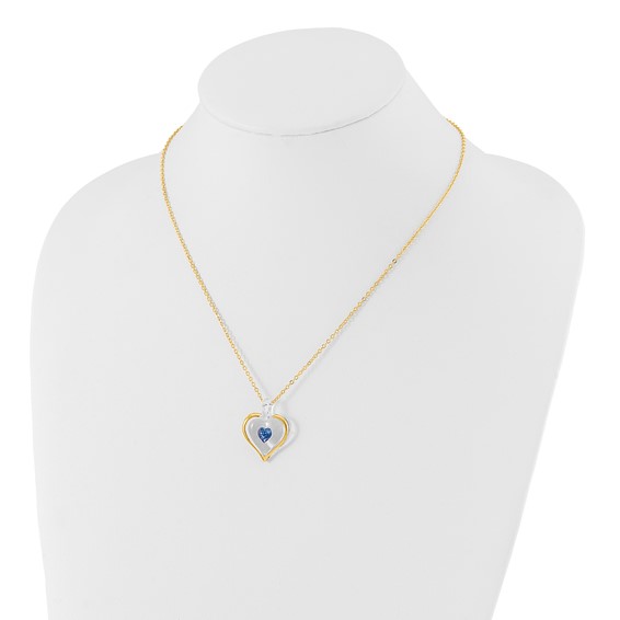 Glass Baron 22K Accent Gilding Gold-trim Glass with Blue September Birthstone Crystal Heart 18 inch Gold-tone Necklace