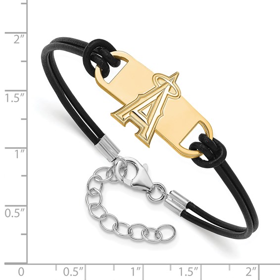 Sterling Silver Gold Plated Major League Baseball LogoArt Los Angeles Angels Leather Bracelet