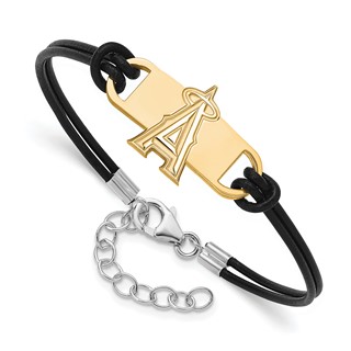 Sterling Silver Gold Plated Major League Baseball LogoArt Los Angeles Angels Leather Bracelet