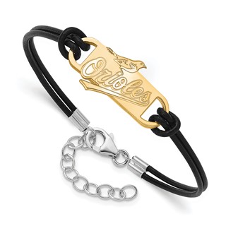 Sterling Silver Gold Plated Major League Baseball LogoArt Baltimore Orioles Leather Bracelet