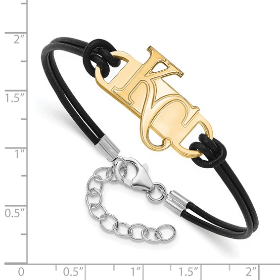 Sterling Silver Gold Plated Major League Baseball LogoArt Kansas City Royals Leather Bracelet