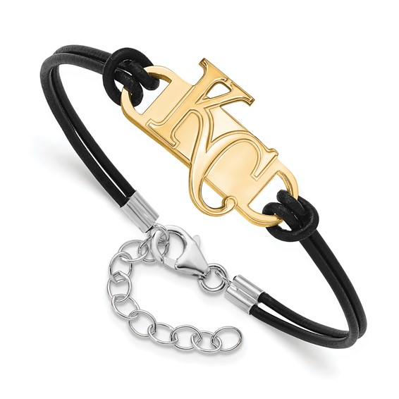 Sterling Silver Gold Plated Major League Baseball LogoArt Kansas City Royals Leather Bracelet