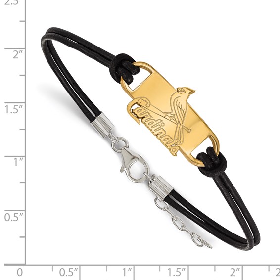 Sterling Silver Gold Plated Major League Baseball LogoArt St. Louis Cardinals Leather Bracelet