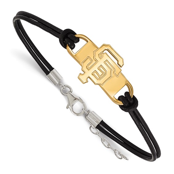 Sterling Silver Gold Plated Major League Baseball LogoArt San Francisco Giants Leather Bracelet