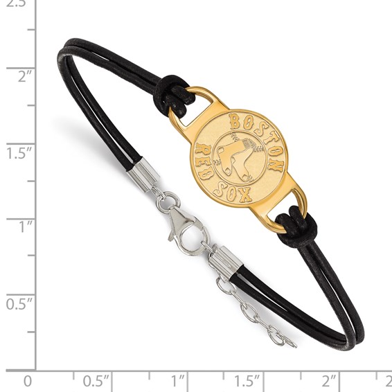 Sterling Silver Gold-pltd Major League Baseball LogoArt Boston Red Sox Leather Bracelet