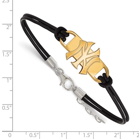Sterling Silver Gold Plated Major League Baseball LogoArt New York Yankees Leather Bracelet